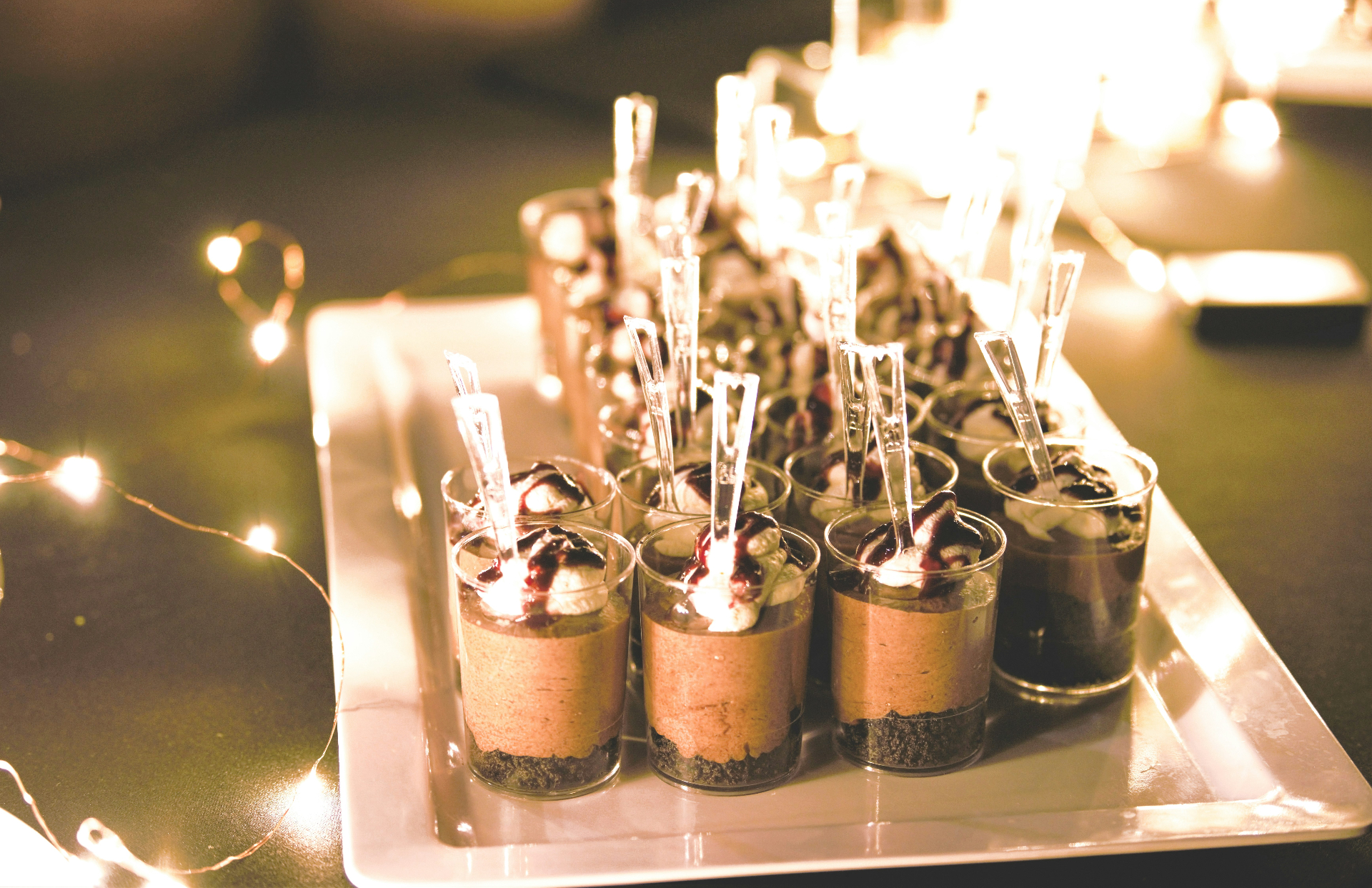 Chocolate mousse shooters with fairy lights