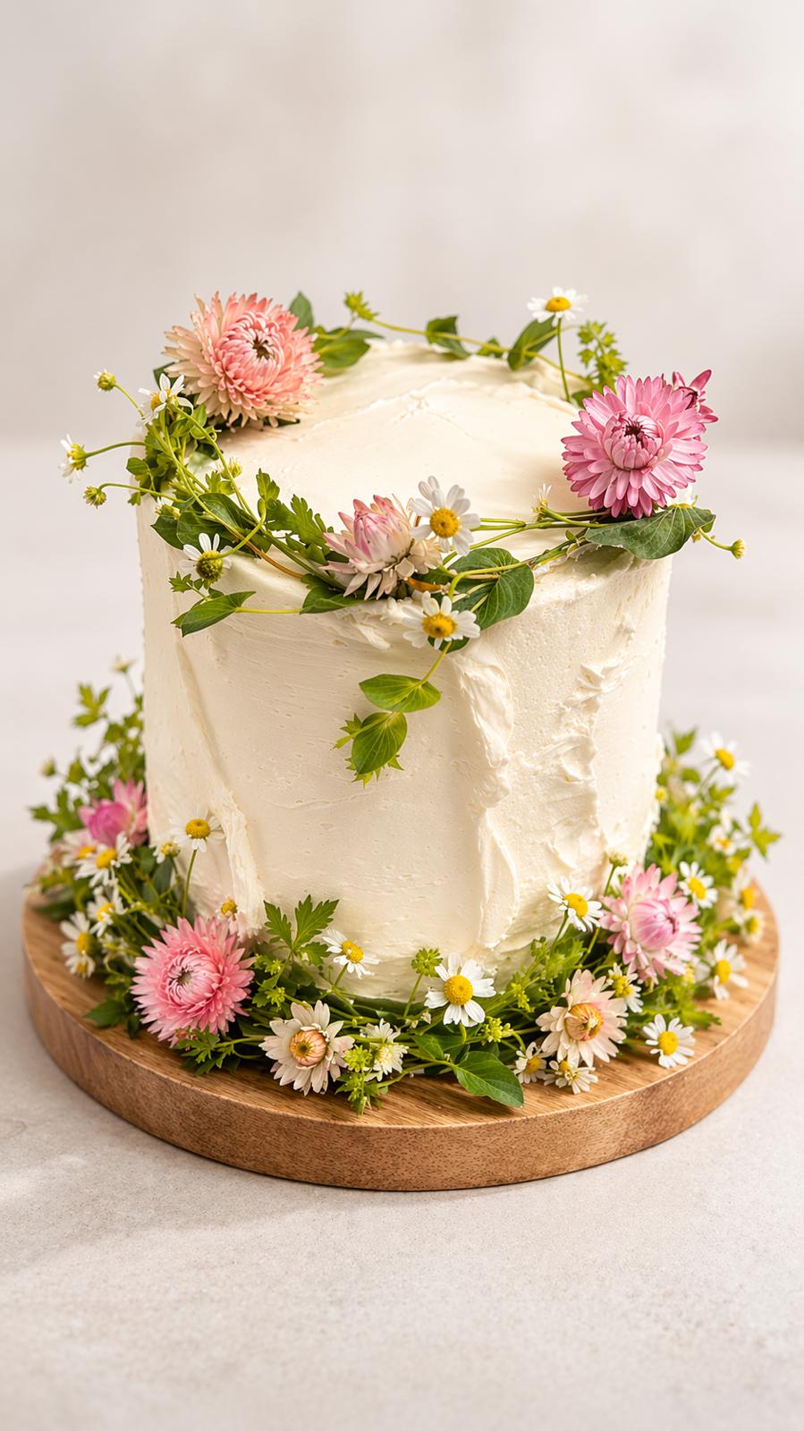 Single tier cake adorned with wildflowers and daisies