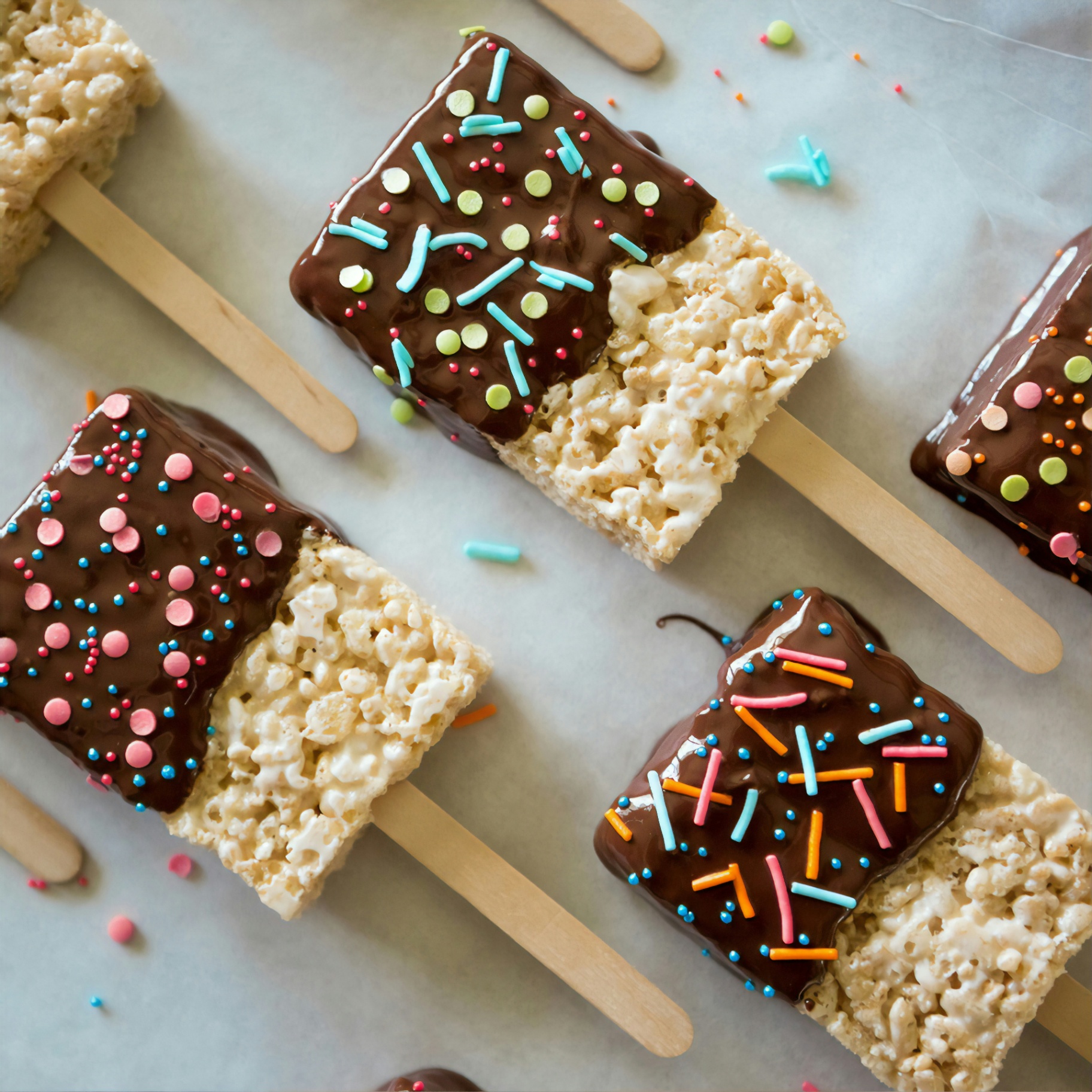 Chocolate dipped rice krispy pops with sprinkles