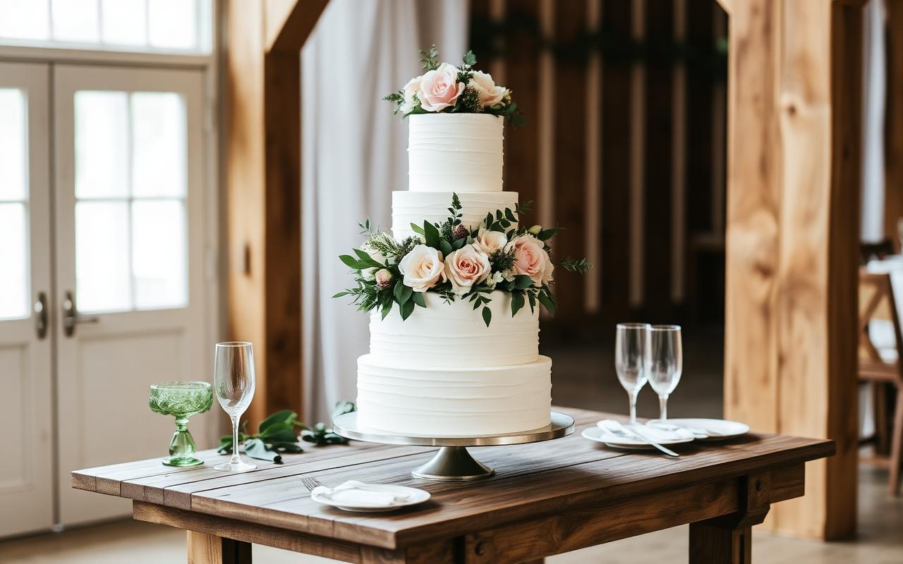 Elegant multi-tiered wedding cake with fresh flowers